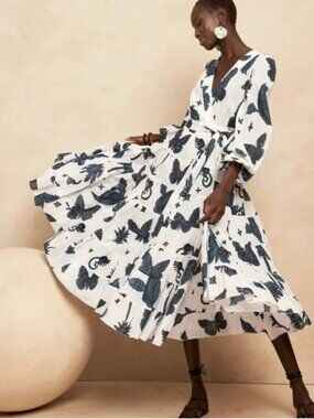 Banana Republic Wrap Butterfly Tiered Midi Dress White Blue Size 2P